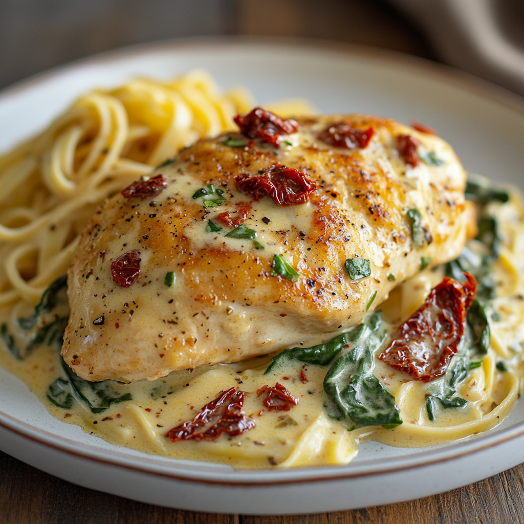 A creamy Tuscan chicken slow cooker dish served with pasta, garnished with spinach and sun-dried tomatoes, showcasing a rich Parmesan sauce in a cozy home setting.