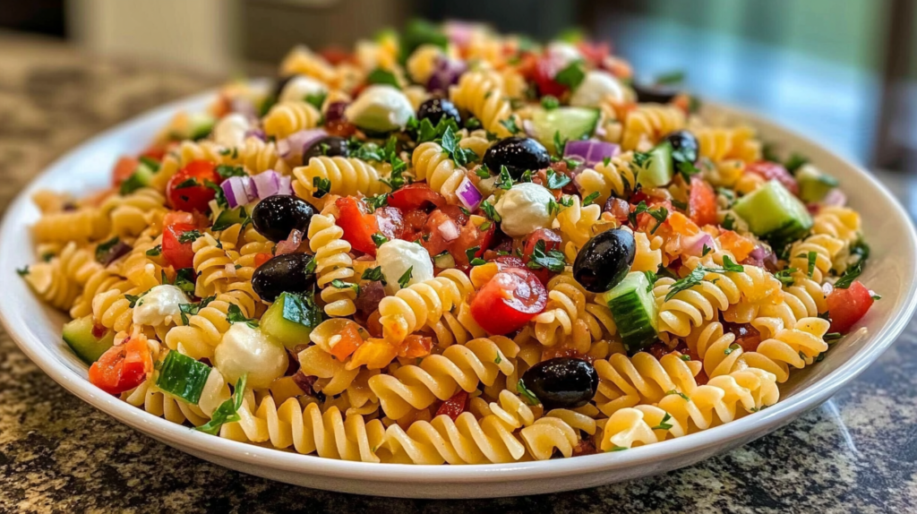 A freshly made Italian dressing pasta salad with rotini pasta, cherry tomatoes, black olives, bell peppers, cucumbers, red onions, mozzarella balls, and fresh parsley, tossed in zesty Italian dressing.