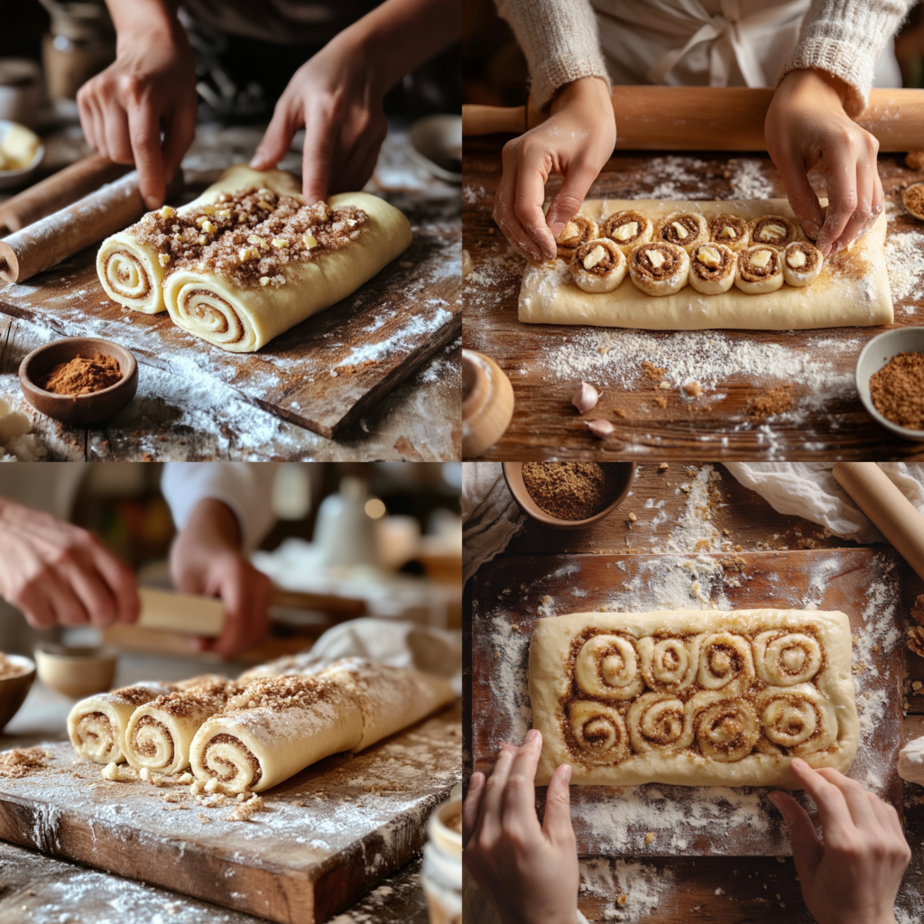 The process of assembling homemade cinnamon rolls, with rolled-out dough spread with butter and cinnamon-sugar mixture, being rolled into a log on a floured wooden surface.