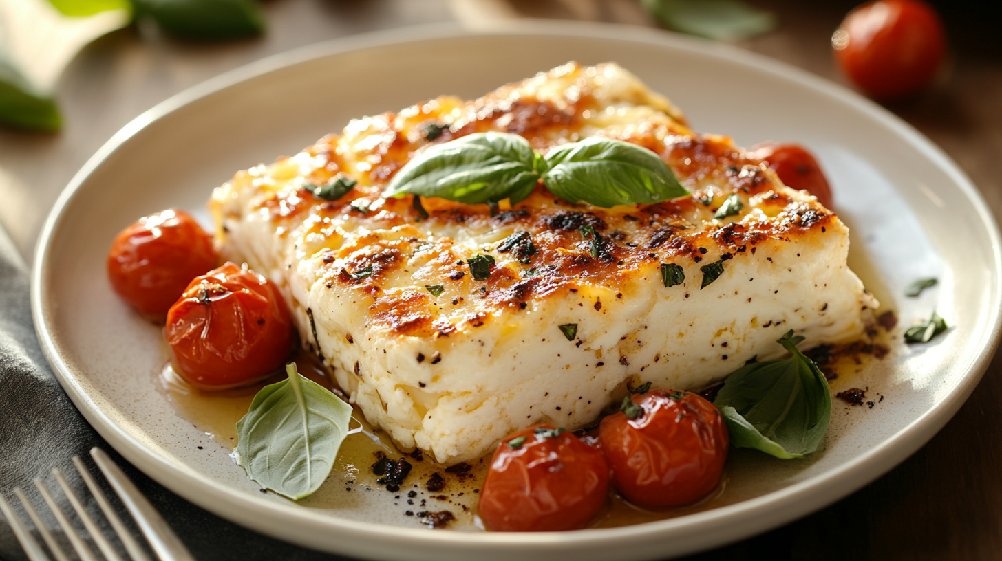 A creamy serving of Baked Feta Pasta on a rustic plate, featuring roasted cherry tomatoes, fresh basil, and a rich feta sauce, perfect for dinner