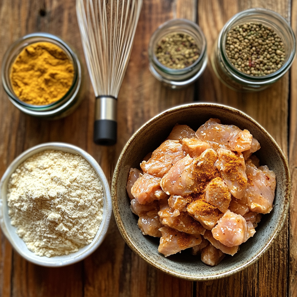 Preparation of Bang Bang Chicken showing marinated chicken alongside a plate of flour, cornstarch, and spices on a rustic wooden table.