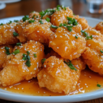 Final dish of Bang Bang Chicken served on a white plate, featuring crispy chicken coated with creamy spicy sauce, garnished with green onions and sesame seeds.