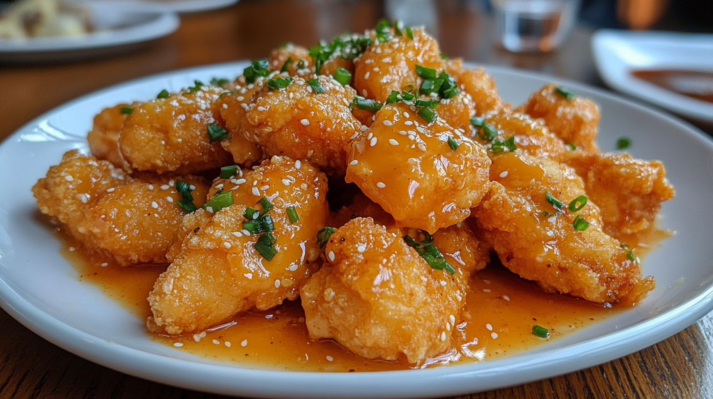 Final dish of Bang Bang Chicken served on a white plate, featuring crispy chicken coated with creamy spicy sauce, garnished with green onions and sesame seeds.