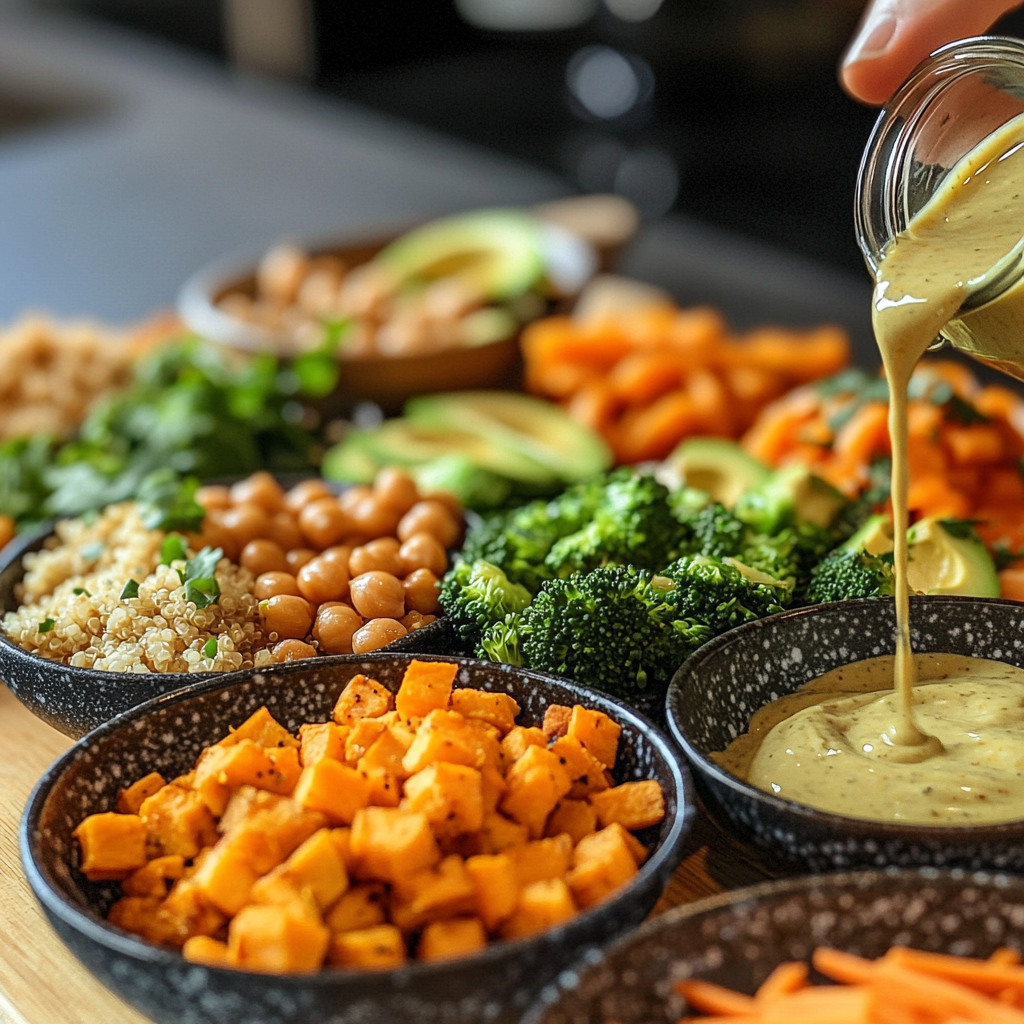 Preparing a Buddha Bowl with ingredients like quinoa, roasted sweet potatoes, avocado, chickpeas, and tahini dressing on a kitchen counter.