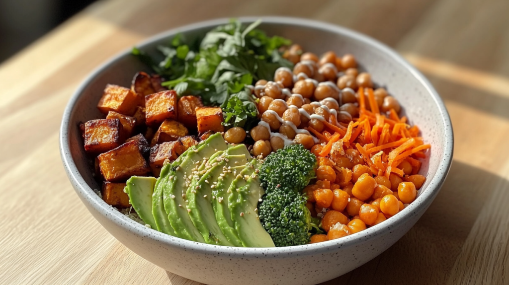 A vibrant Buddha Bowl featuring quinoa, roasted sweet potatoes, broccoli, avocado, chickpeas, and tahini dressing served in a white bowl.