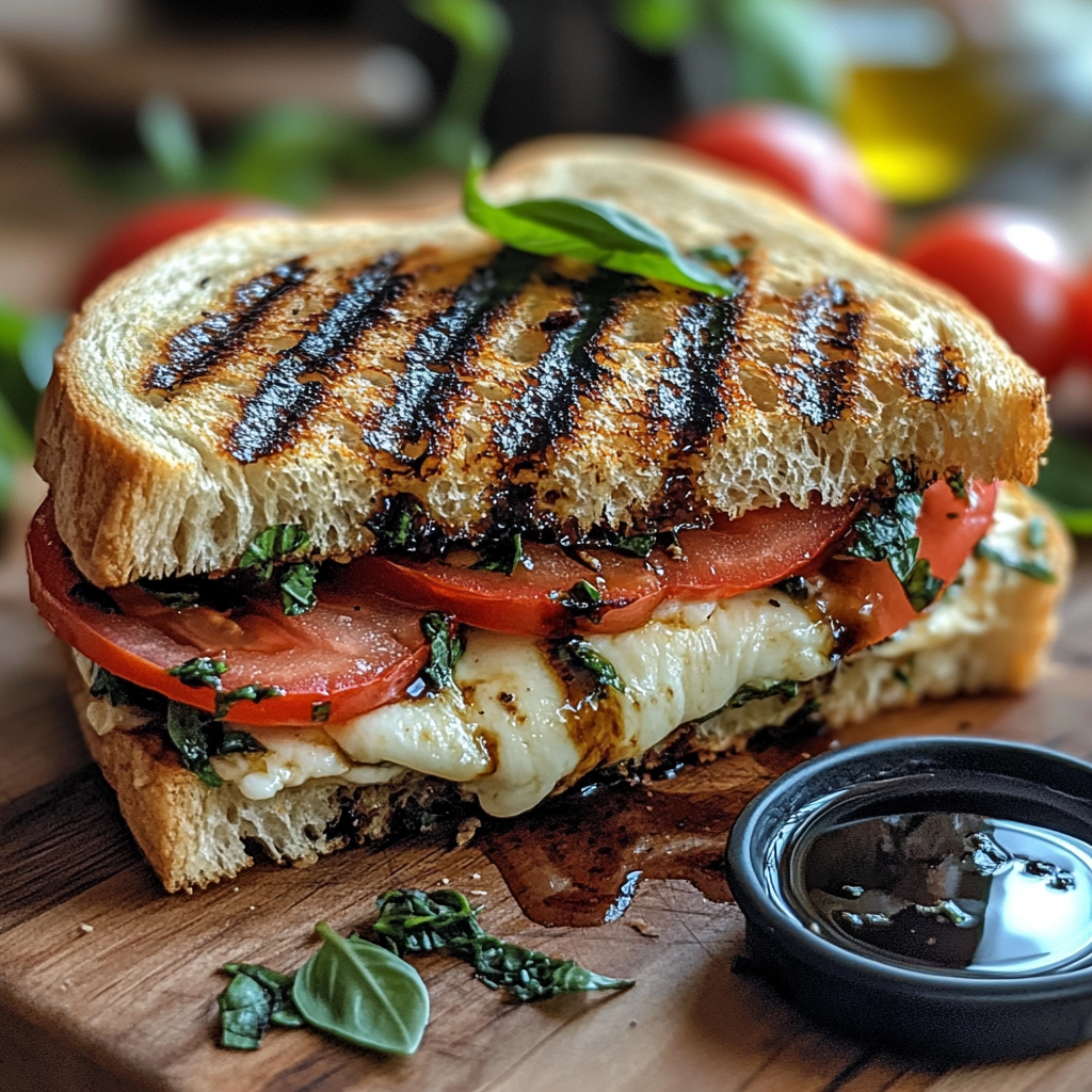 Grilled Jason's Deli Caprese Panini with melted mozzarella, tomatoes, basil, and balsamic glaze served with tomato soup.