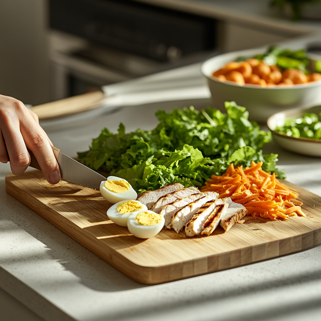 Home kitchen preparation of Chick-fil-A Cobb Salad with chopped romaine lettuce, grilled chicken, hard-boiled eggs, shredded cheese, and fresh ingredients on a wooden board.