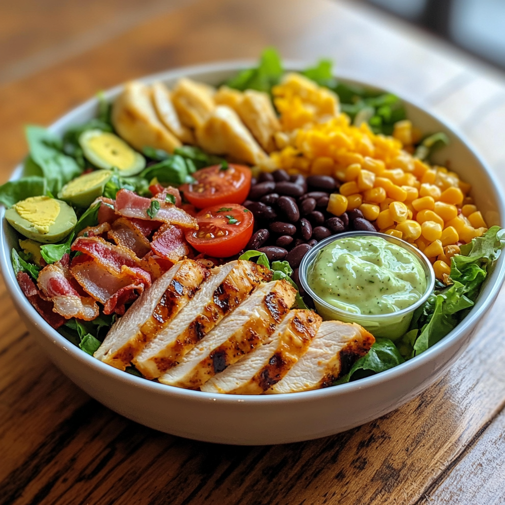 Freshly made Chick-fil-A Cobb Salad in a white bowl, featuring grilled chicken, bacon, cheddar cheese, eggs, roasted corn, black beans, and fresh greens.