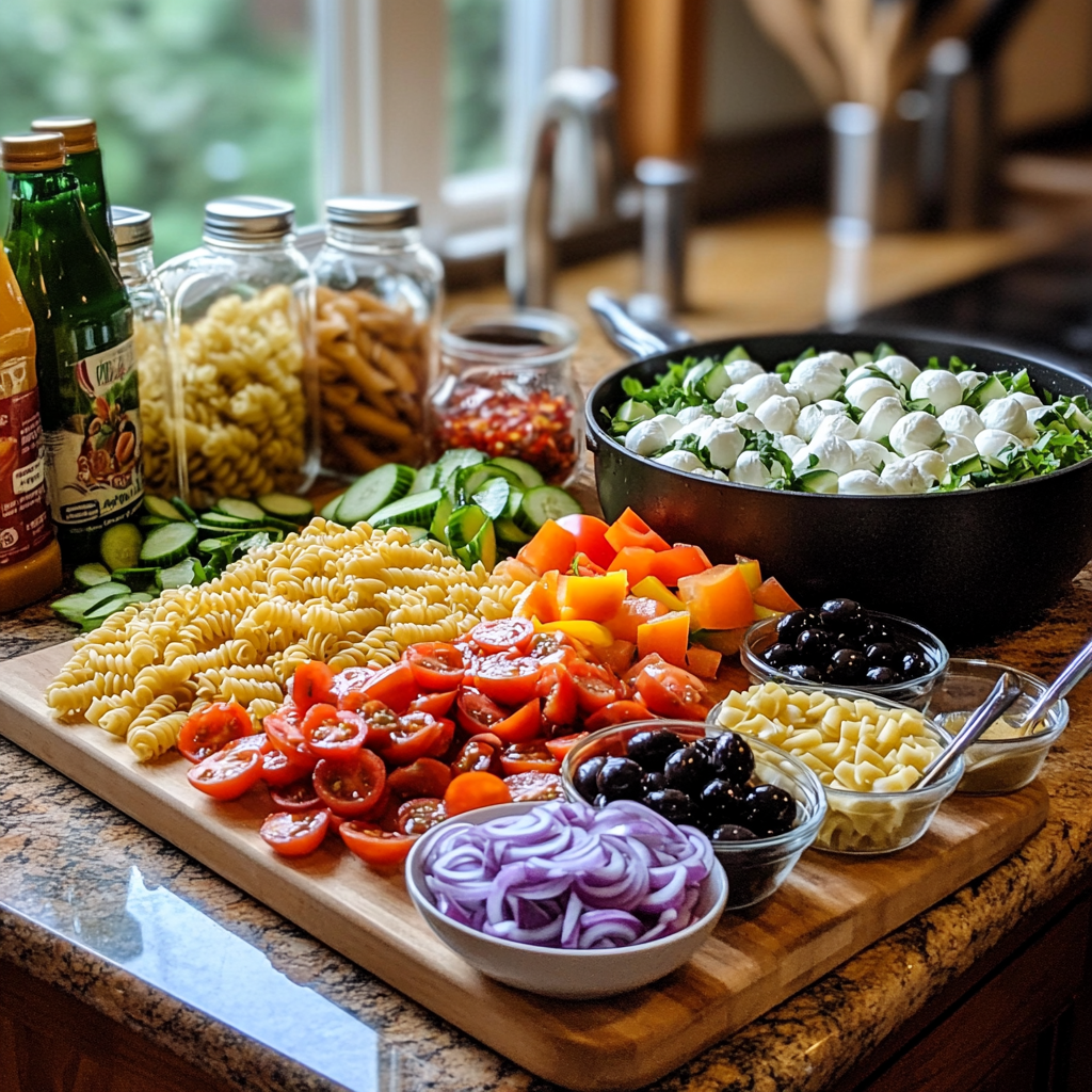 Chopped vegetables, mozzarella, and cooked rotini pasta on a cutting board, ready to be mixed into a homemade Italian dressing pasta salad.