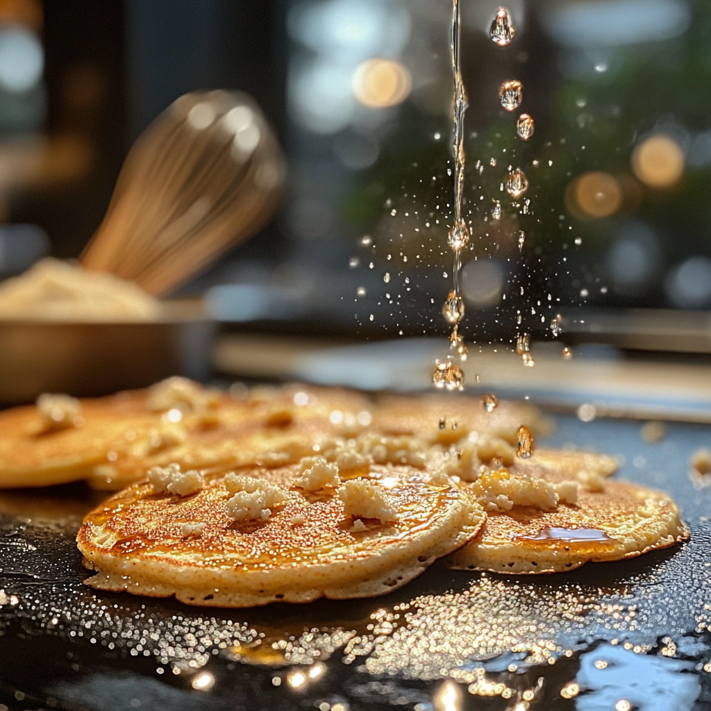 Close-up of buttermilk cornmeal pancake batter being poured onto a griddle, showing the grainy texture and fluffy pancakes in the making. Ideal for a homemade breakfast recipe.