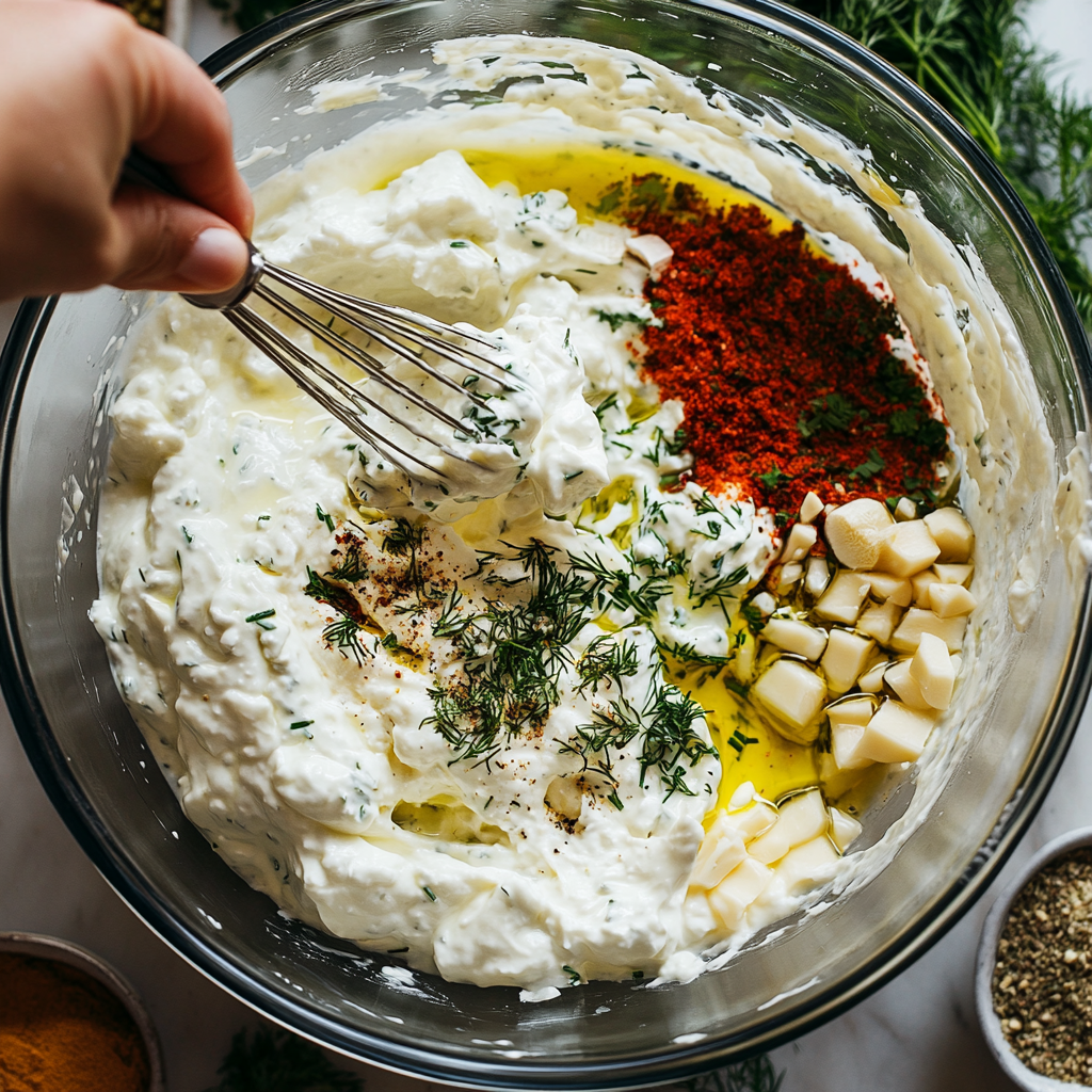 Close-up shot of ingredients being whisked together to create tzatziki marinade, featuring Greek yogurt, garlic, lemon, oregano, and fresh dill, in a home kitchen setting.