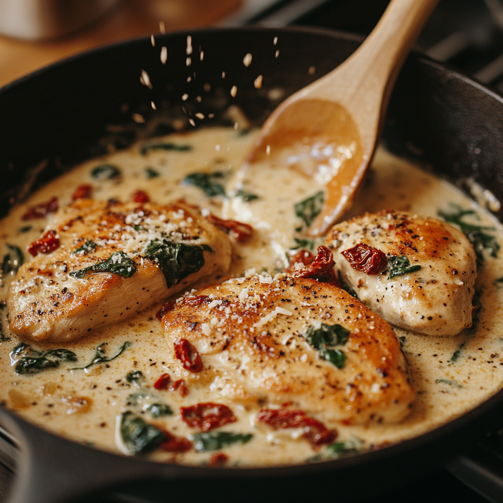 Cooking easy Tuscan chicken in a cast-iron skillet, with golden-seared chicken breasts simmering in a creamy sauce with garlic, sun-dried tomatoes, and spinach.