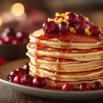 Stack of golden Cranberry Orange Buttermilk Pancakes topped with fresh cranberries, orange zest, and maple syrup on a rustic wooden table