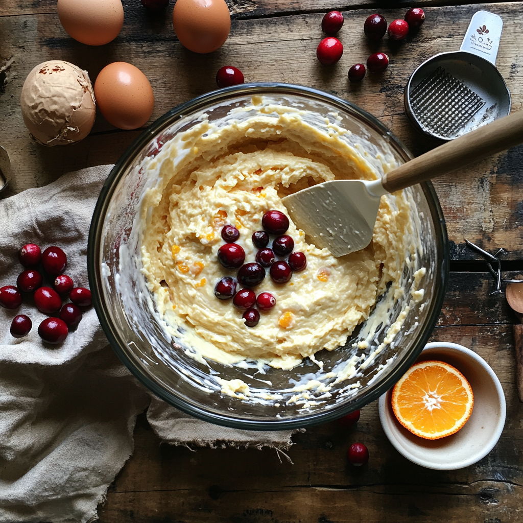 Preparation of Cranberry Orange Buttermilk Pancakes batter with fresh cranberries, orange zest, buttermilk, and other ingredients on a rustic wooden table