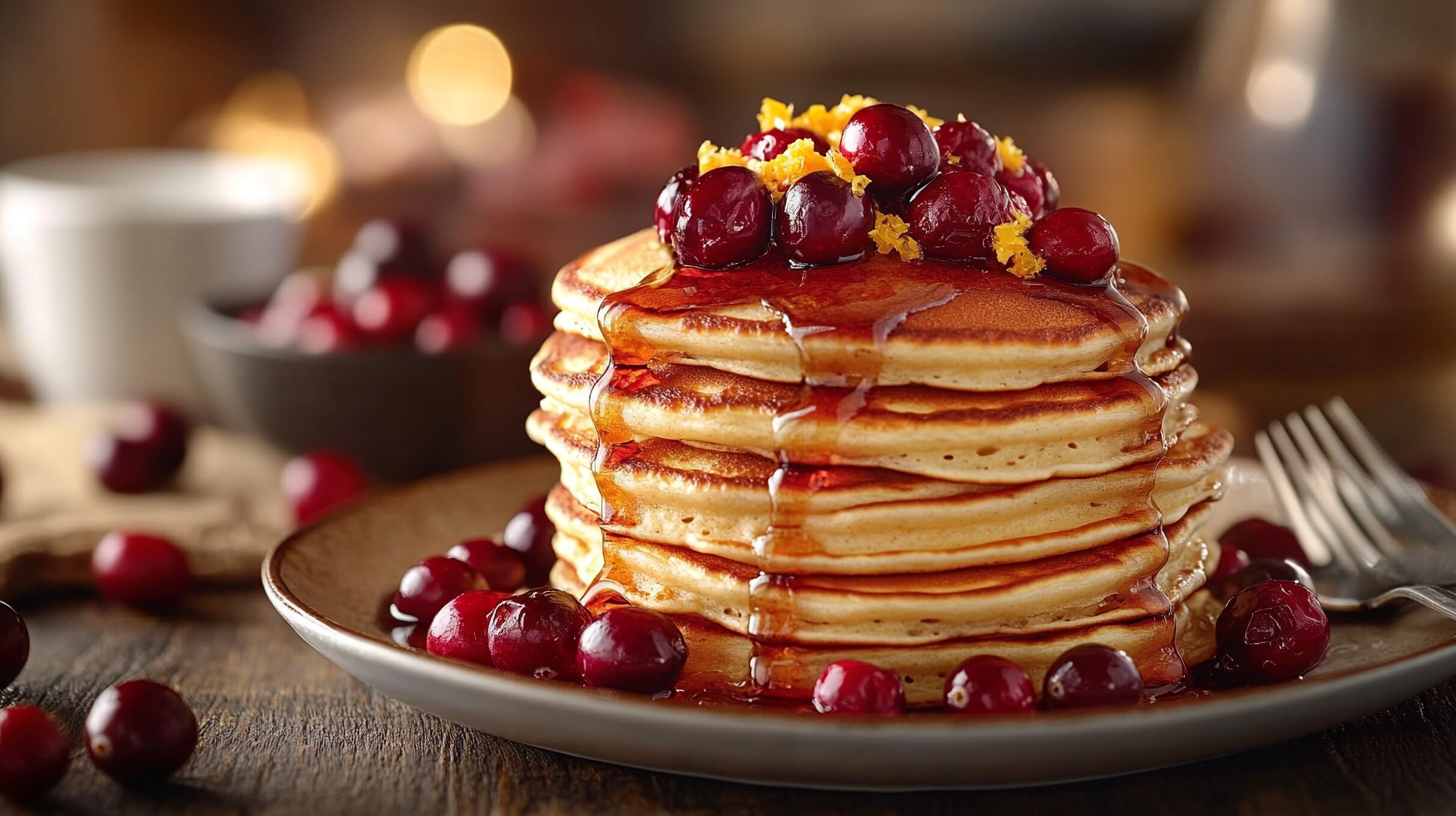 Stack of golden Cranberry Orange Buttermilk Pancakes topped with fresh cranberries, orange zest, and maple syrup on a rustic wooden table