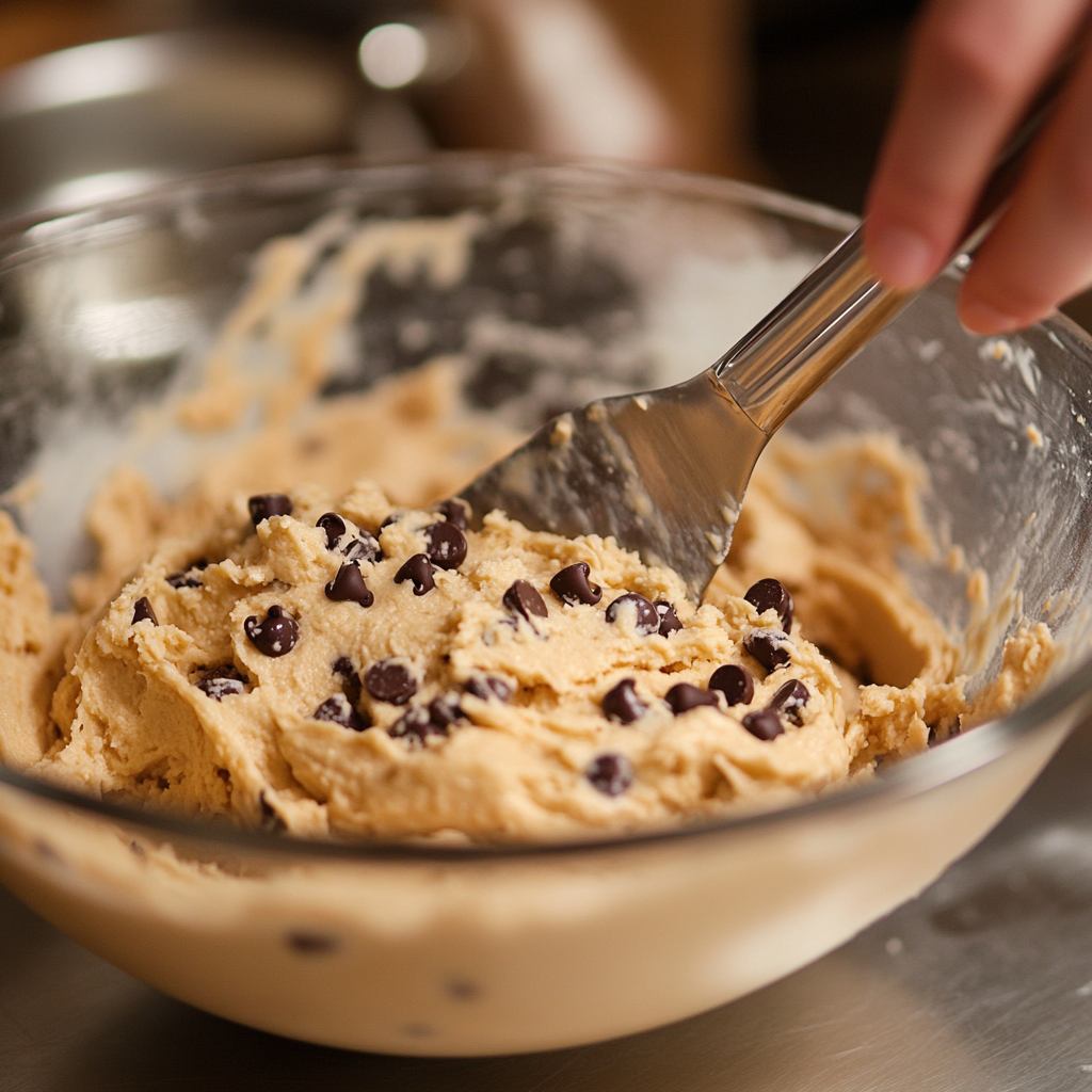 Cream cheese chocolate chip cookie dough in a mixing bowl with chocolate chips, ready to be baked for soft and chewy cookies.