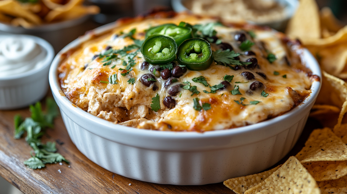 A creamy Crock-Pot Chicken With Black Beans & Cream Cheese served in a white ceramic bowl, garnished with fresh cilantro, melted cheese, and sliced jalapeños, accompanied by tortilla chips and sour cream on a wooden table