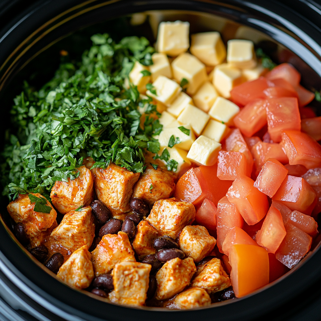 Layers of raw chicken, black beans, diced tomatoes, and cream cheese cubes being assembled in a slow cooker for Crock-Pot Chicken With Black Beans & Cream Cheese.