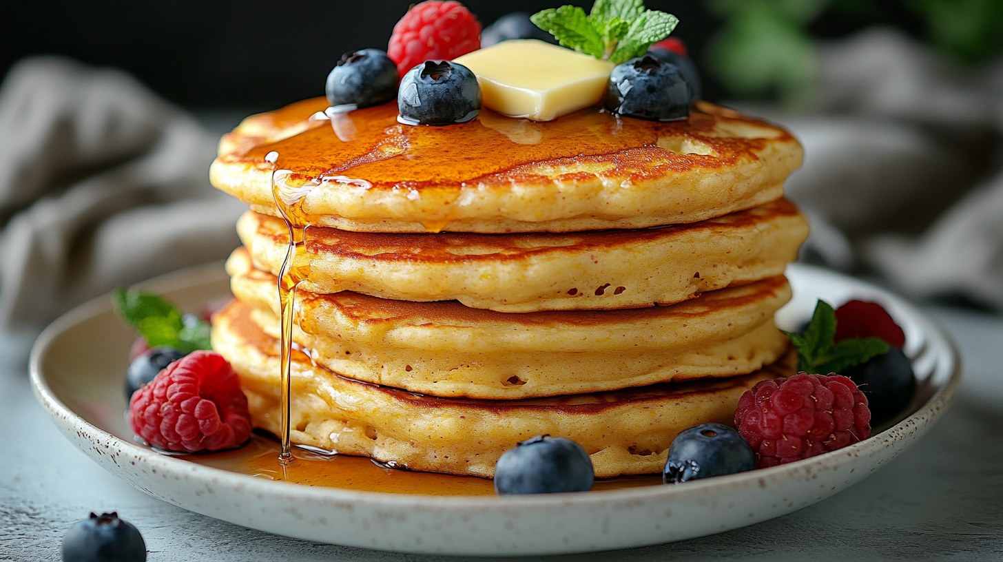 Delicious stack of buttermilk cornmeal pancakes with melting butter, maple syrup, and fresh berries, photographed in a cozy kitchen setting. Perfect for a flavorful breakfast.