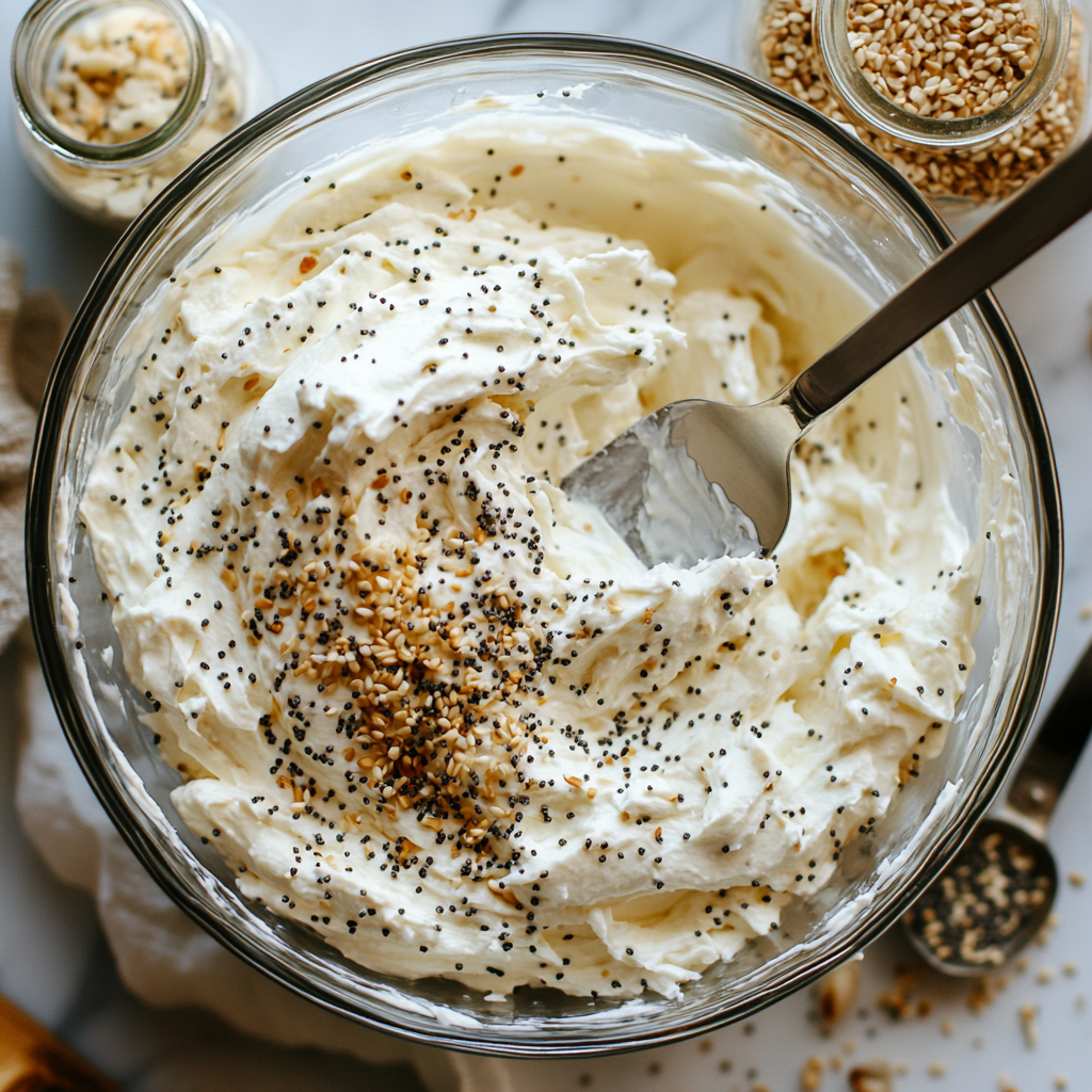 Preparing Everything Bagel Dip with cream cheese and sour cream in a mixing bowl, alongside homemade everything bagel seasoning and kitchen tools.
