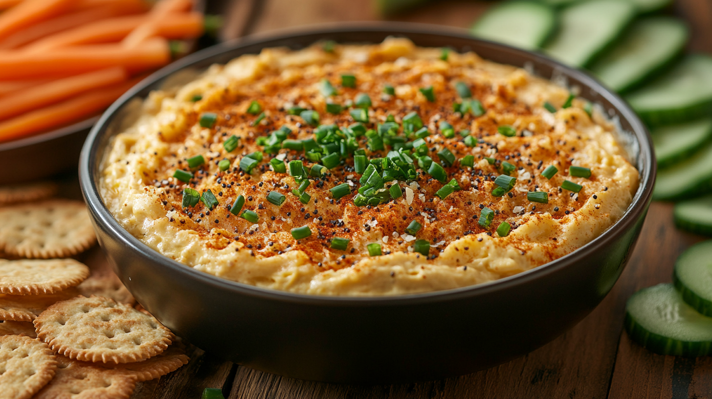 Everything Bagel Dip served in a bowl, garnished with everything bagel seasoning and chives, surrounded by fresh veggies and crackers on a rustic table.