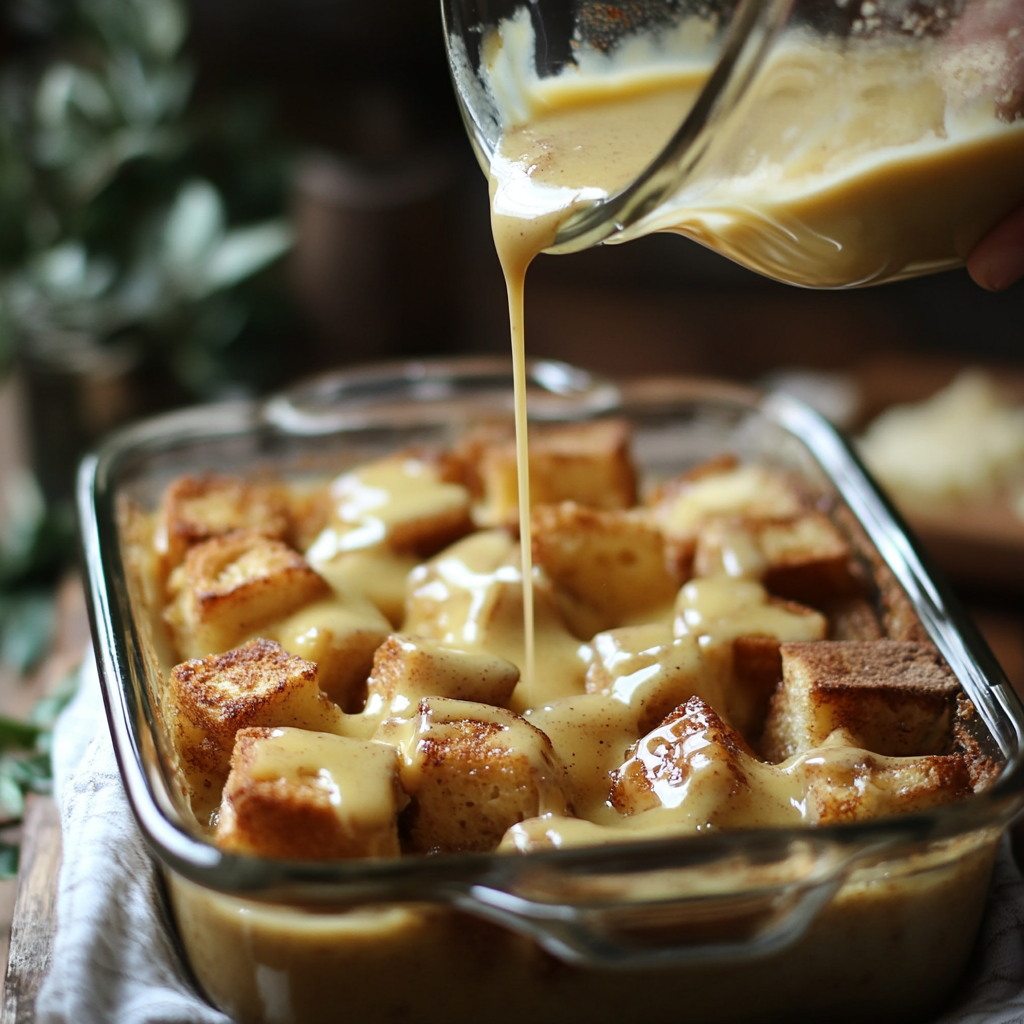 Close-up of brioche bread being soaked in creamy custard mixture with cinnamon and nutmeg for an overnight French toast casserole.