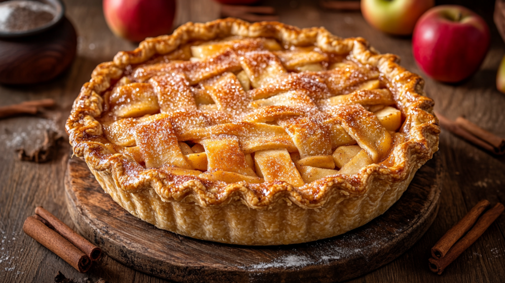 Freshly baked apple pie with a glossy, spiced apple filling and golden crust, showcasing the perfect homemade apple pie filling recipe.