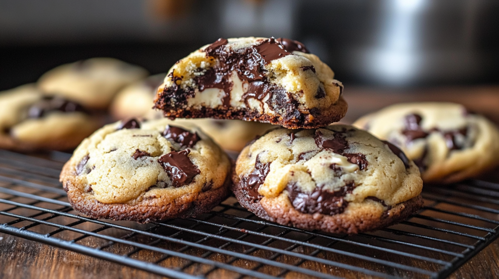 Freshly baked cream cheese chocolate chip cookies on a cooling rack, showcasing a soft, chewy texture with melted chocolate chips.