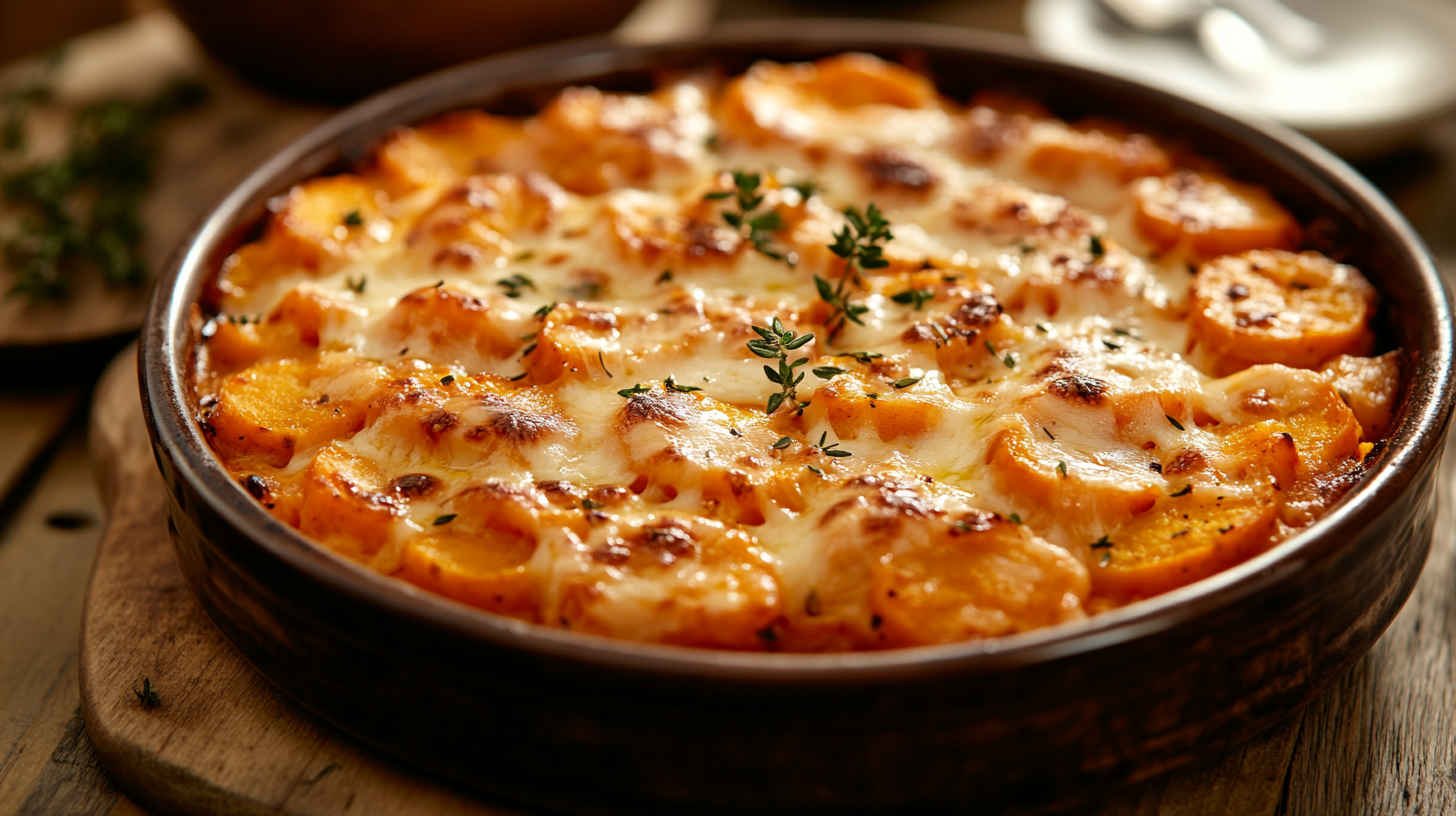 Freshly baked scalloped sweet potatoes in a rustic ceramic dish, topped with melted cheese and garnished with thyme. A creamy, golden-brown side dish perfect for dinner