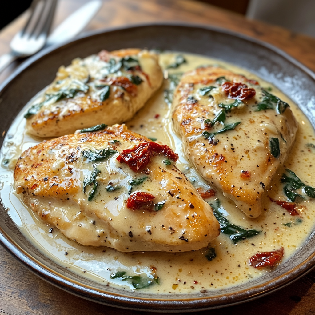 Freshly cooked easy Tuscan chicken with creamy garlic Parmesan sauce, sun-dried tomatoes, and spinach, served on a rustic plate for a homemade Italian-inspired meal.