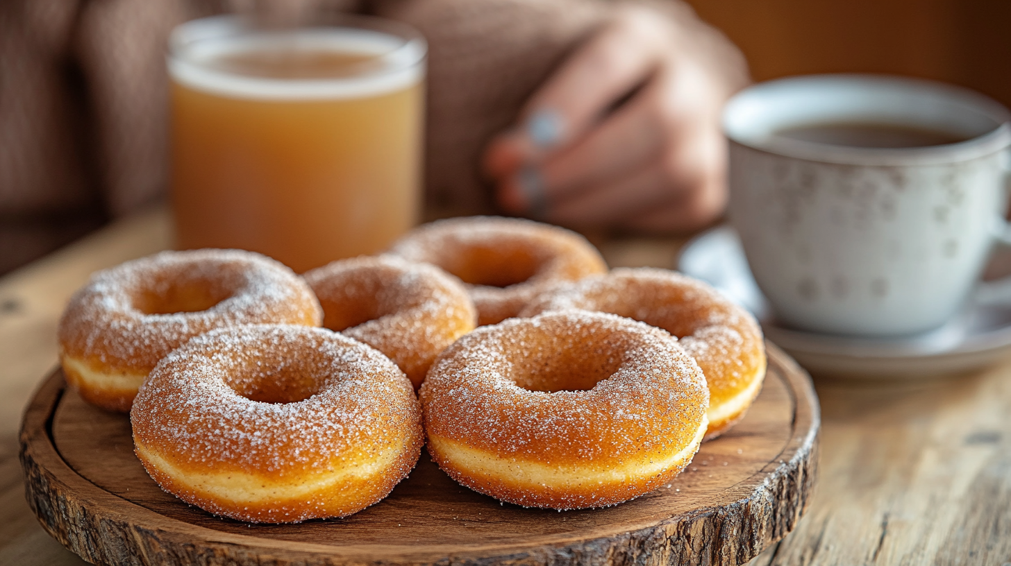 Freshly made Granny's Kitchens Apple Cider Donuts coated in cinnamon sugar, arranged on a wooden plate with a cup of hot apple cider in a cozy kitchen setting.