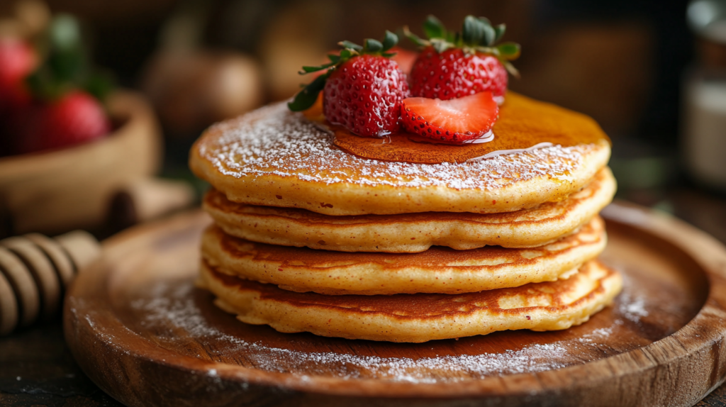 Golden cornmeal pancakes no flour stacked on a plate, topped with maple syrup, fresh blueberries, and strawberries, with a light dusting of powdered sugar, captured with an iPhone 15 Pro.