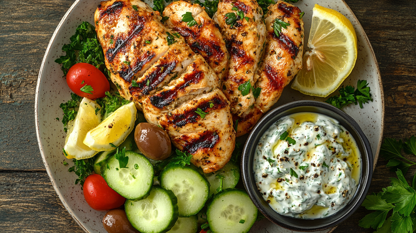 Grilled tzatziki marinated chicken served with a Greek salad, extra tzatziki sauce, and lemon wedges, capturing the Mediterranean flavors in a vibrant, rustic kitchen setting.