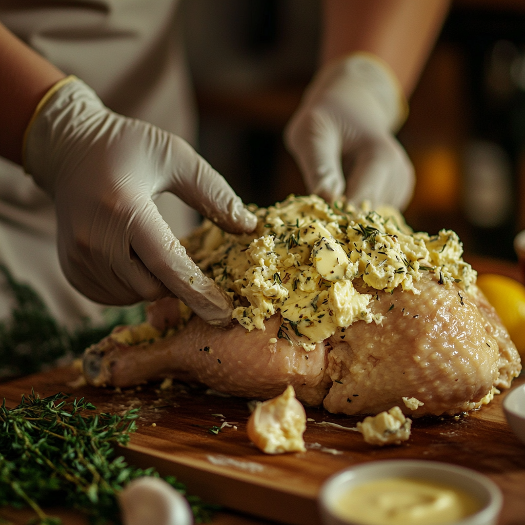 Home cook applying a flavorful turkey butter rub under the skin of a raw turkey, with fresh herbs and butter mixture on a wooden cutting board.