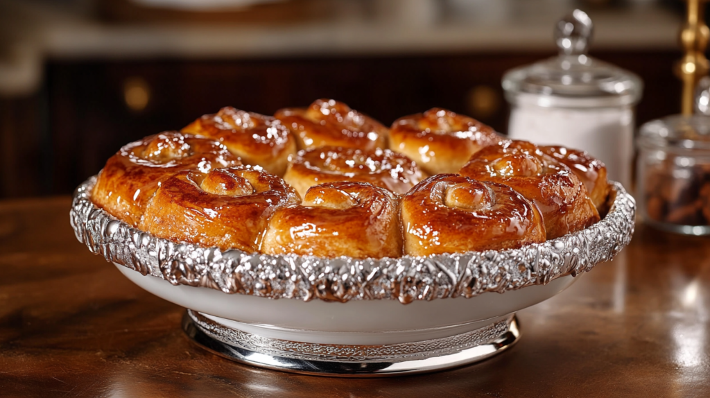 A close-up view of freshly baked homemade cinnamon rolls in a baking dish, topped with a glossy vanilla glaze and showing soft, fluffy layers with visible cinnamon swirls.