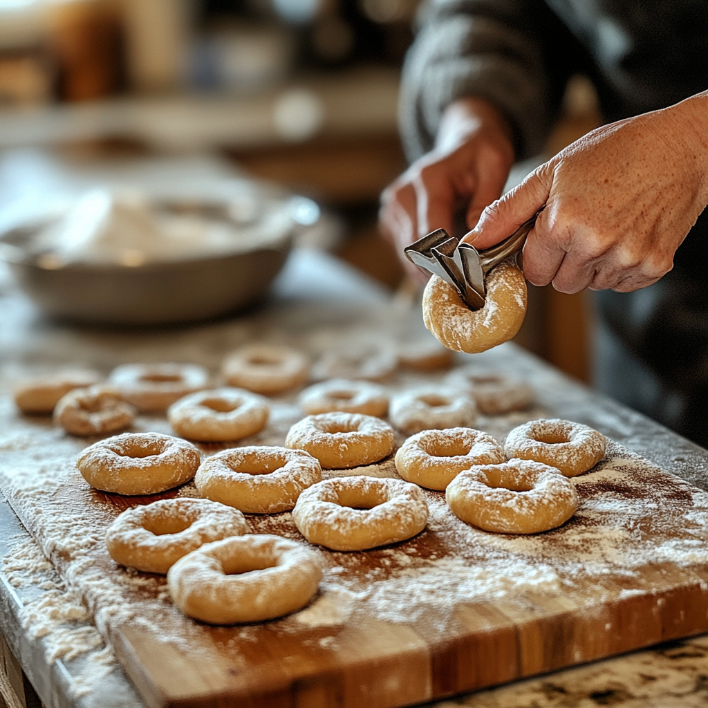 Homemade Granny's Kitchens Apple Cider Donuts being shaped on a floured countertop, with hands cutting out dough rounds in a warm, rustic kitchen.