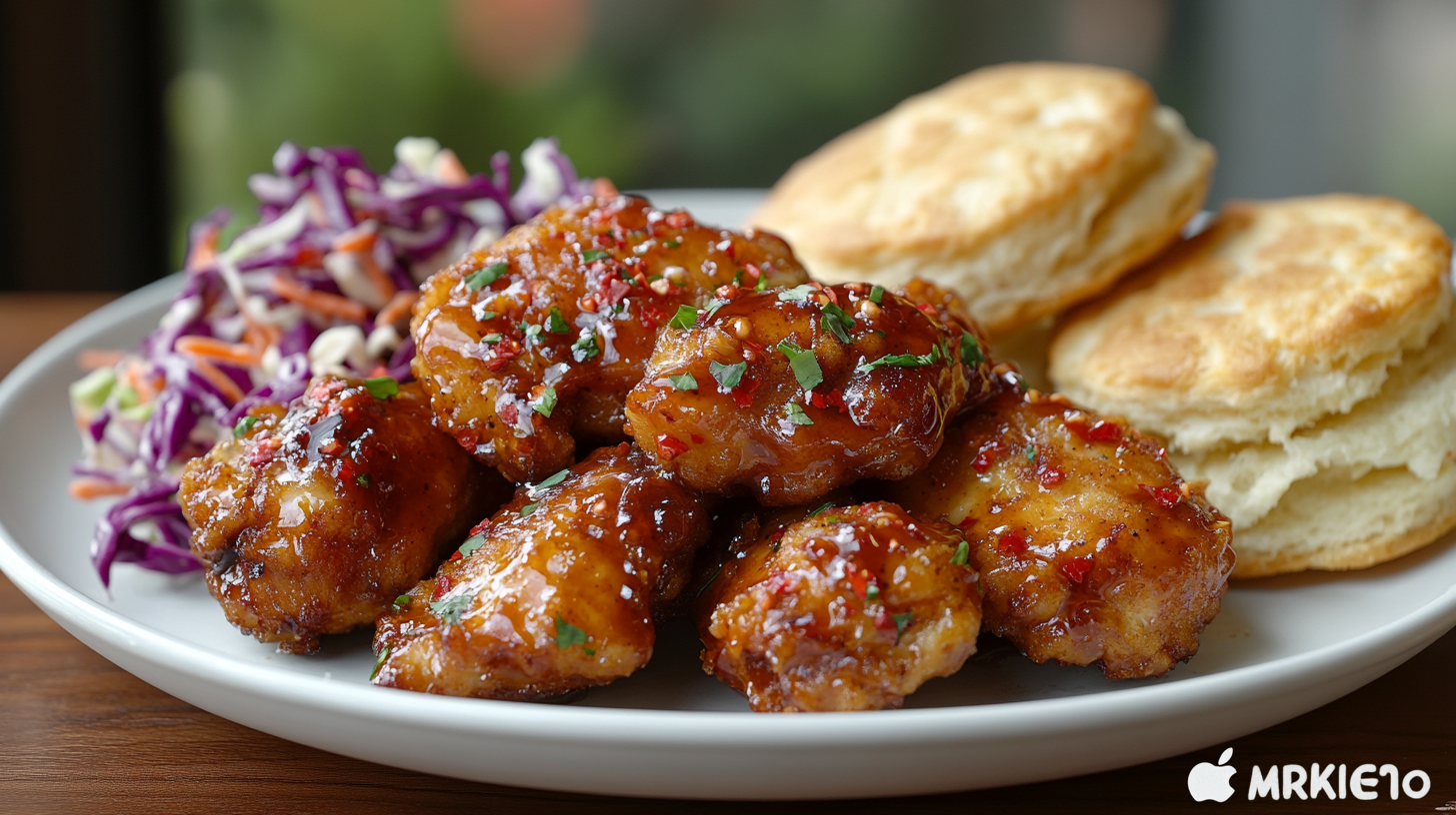 A plate of crispy Hot Honey Chicken coated in a sticky honey glaze with red chili flakes, served with coleslaw and buttermilk biscuits.