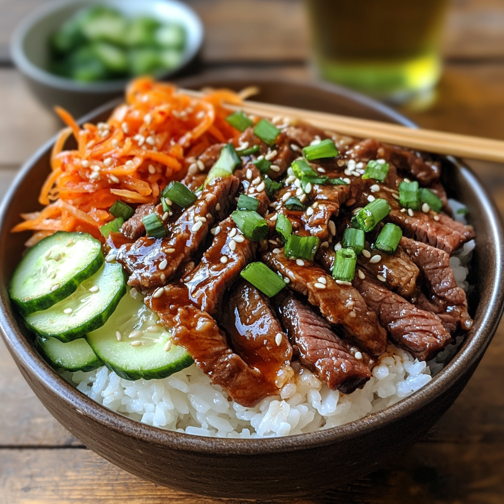 A homemade Korean BBQ beef bowl with marinated beef, steamed rice, shredded carrots, cucumbers, and kimchi, garnished with sesame seeds and green onions. A cozy, natural dining setting with chopsticks and side dishes in the background.