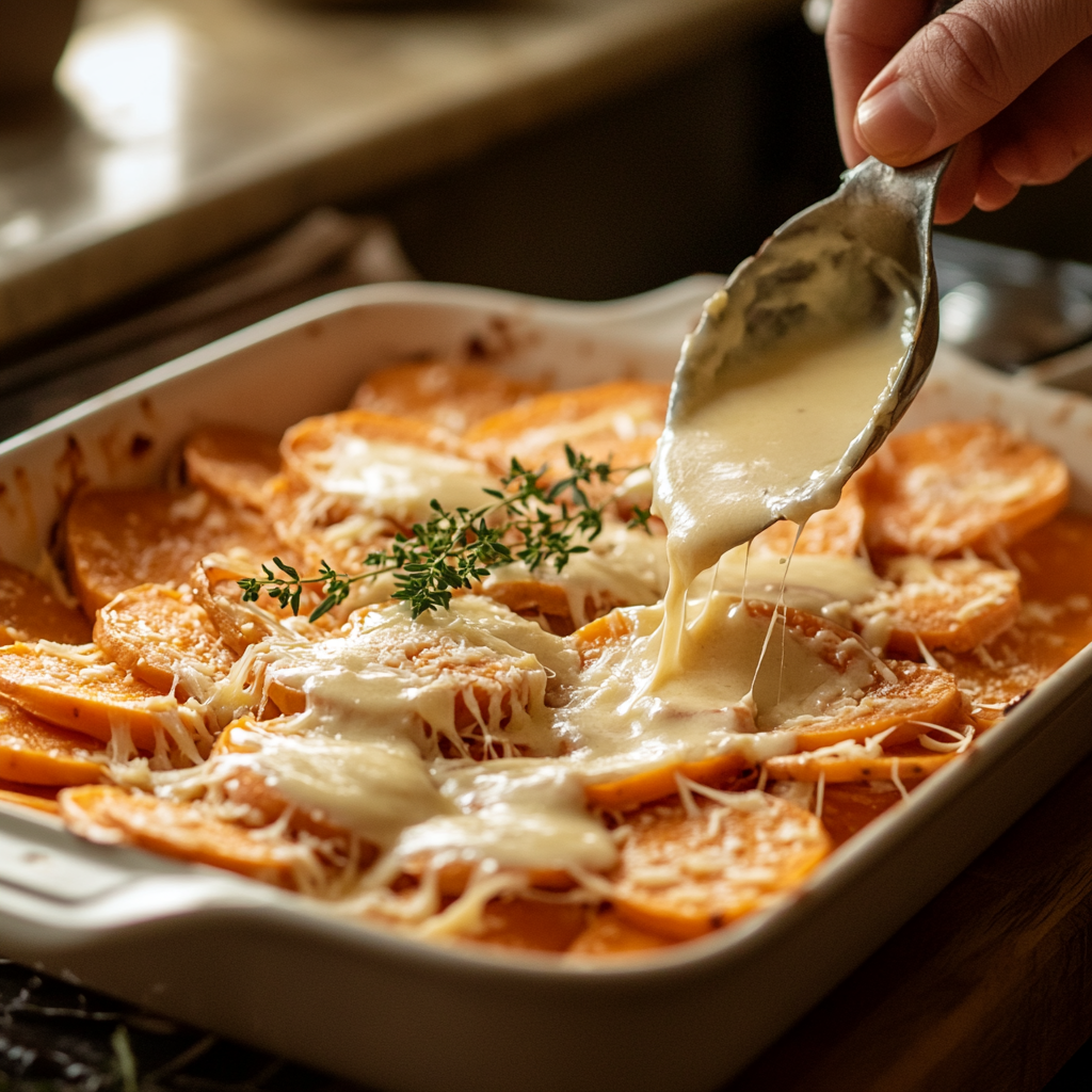 Home cook layering thinly sliced sweet potatoes in a baking dish, pouring a rich, creamy sauce over them for the perfect scalloped sweet potatoes recipe