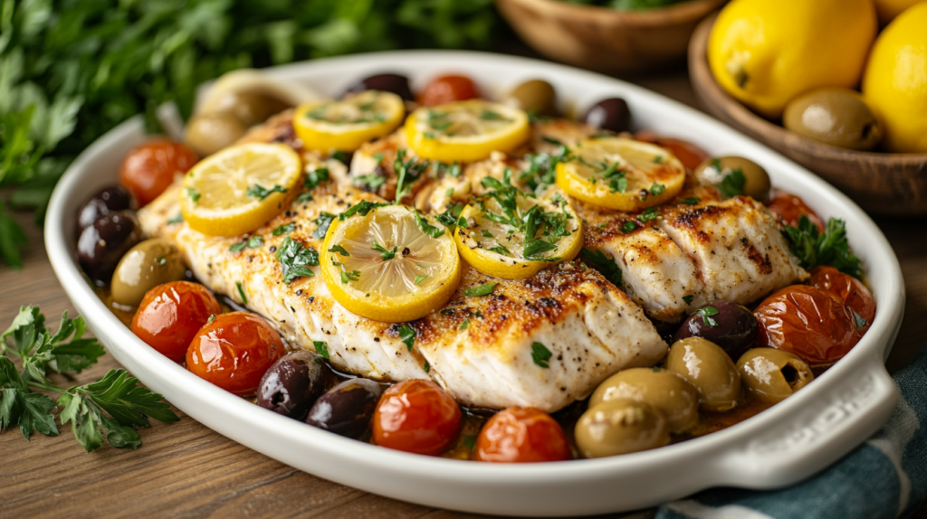 A beautifully plated Mediterranean baked fish dish with tender white fish fillets, lemon slices, cherry tomatoes, Kalamata olives, and fresh herbs, showcasing the final result of the Mediterranean Baked Fish Recipe.