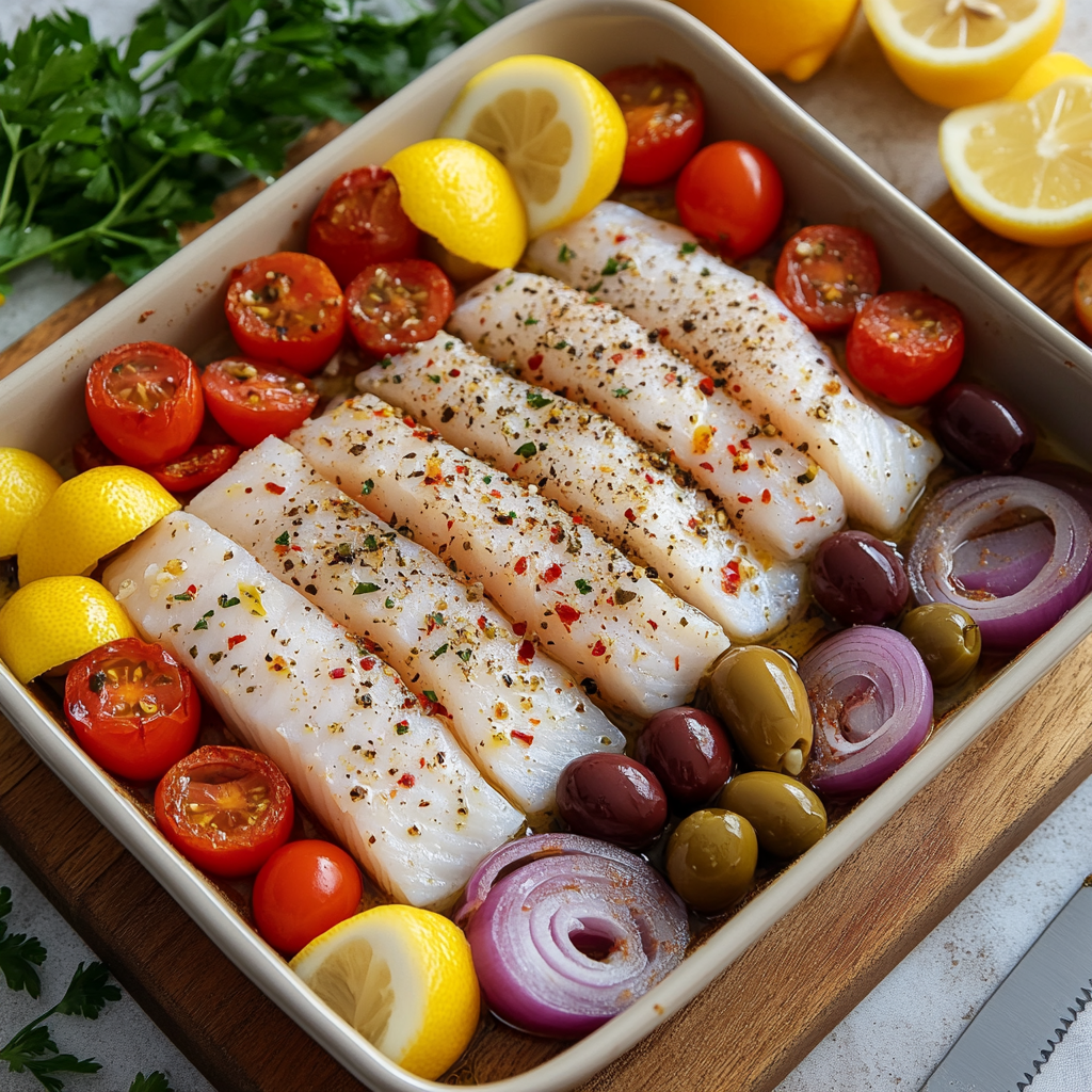 Raw white fish fillets arranged in a baking dish surrounded by cherry tomatoes, red onions, Kalamata olives, and lemon slices, prepared as part of the Mediterranean Baked Fish Recipe.