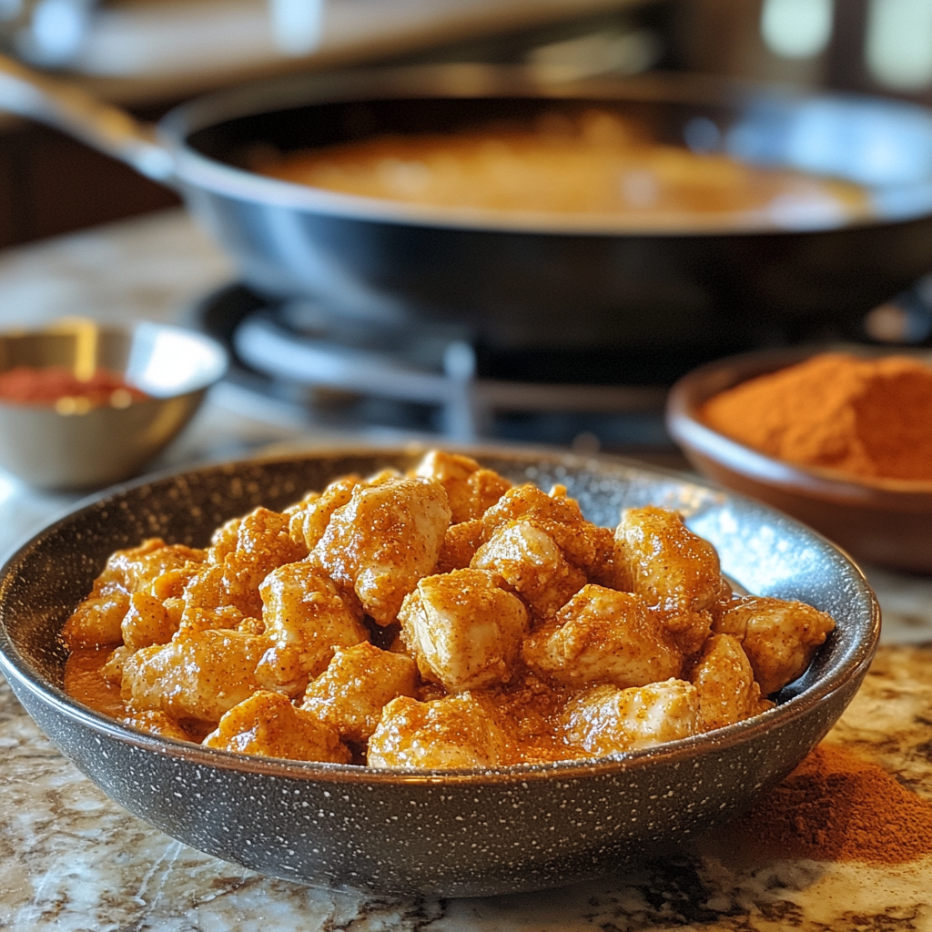 The preparation process of Nashville Hot Chicken, showcasing seasoned flour, marinated chicken in buttermilk, and a frying pan with oil, ready for frying