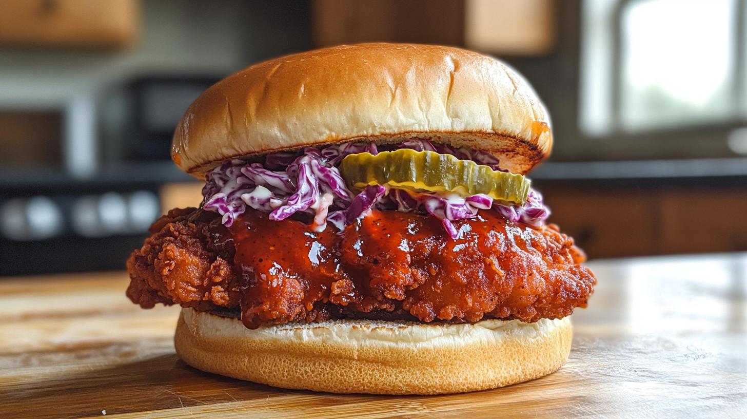 A perfectly assembled Nashville Hot Chicken Sandwich featuring crispy fried chicken brushed with spicy oil, creamy coleslaw, and pickles on a toasted brioche bun.