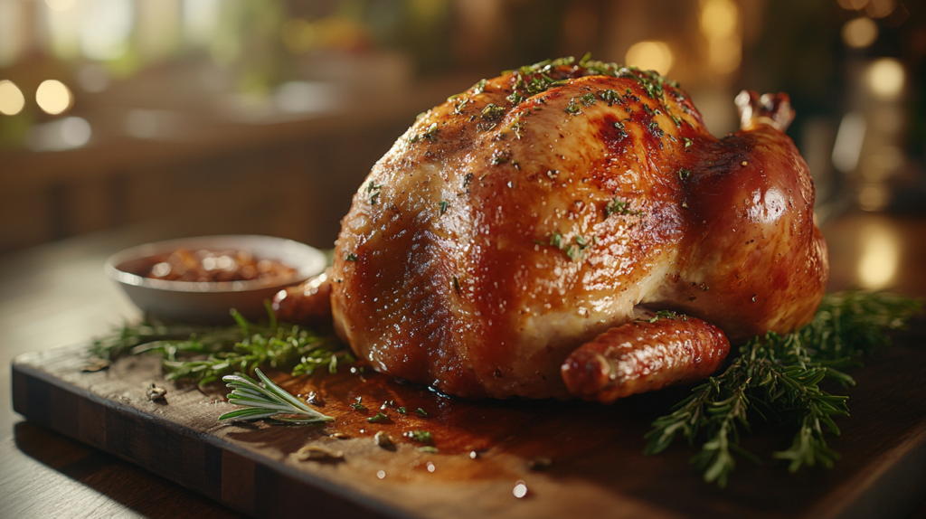 Perfectly roasted turkey with a golden, crispy skin, coated in a rich turkey butter rub, garnished with fresh herbs on a wooden cutting board.