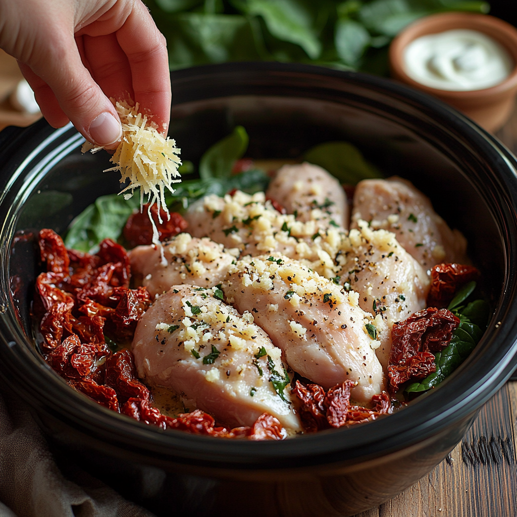 Seasoned chicken in a slow cooker with sun-dried tomatoes, garlic, and spinach, prepared for a Tuscan chicken slow cooker recipe in a warm, home kitchen.