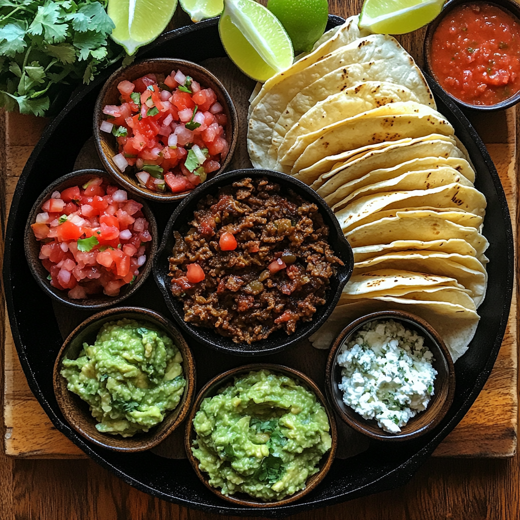 Overhead shot of Smash Tacos ingredients, including bowls of pico de gallo, shredded lettuce, guacamole, queso fresco, lime wedges, and a skillet with caramelized taco filling next to warm tortillas.
