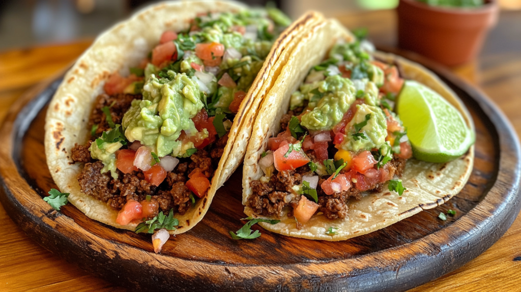 Close-up view of crispy Smash Tacos on a rustic plate, topped with caramelized beef, fresh pico de gallo, shredded lettuce, crumbled queso fresco, and guacamole, served with lime wedges.