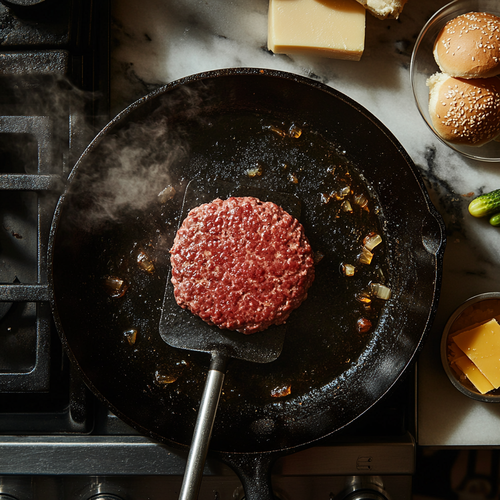 Cast-iron skillet with a beef patty being smashed flat using a spatula, creating crispy edges for Smashburger Sliders.