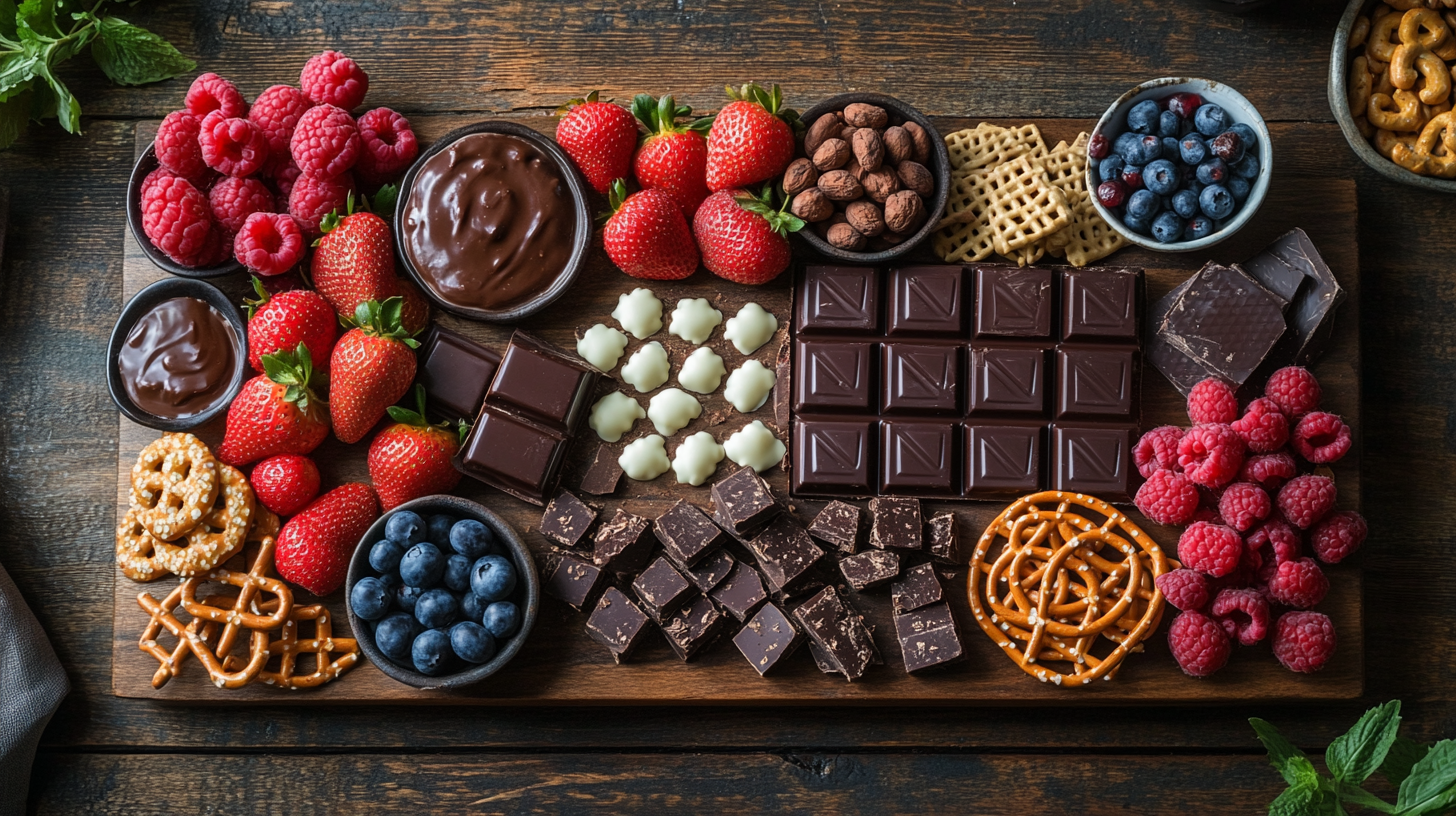 Beautifully arranged chocolate charcuterie board with dark, milk, and white chocolates, fresh fruits, pretzels, nuts, and chocolate ganache on a rustic wooden table.