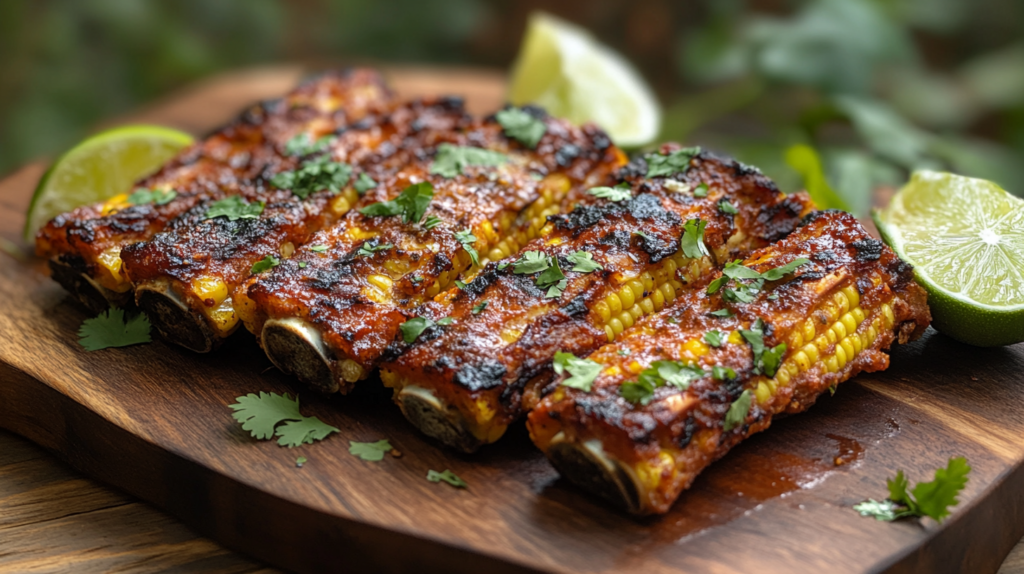 Grilled and baked corn ribs served with cilantro, grated cheese, and lime wedges, showcasing the final outcome of the corn ribs recipe on a rustic wooden plate.